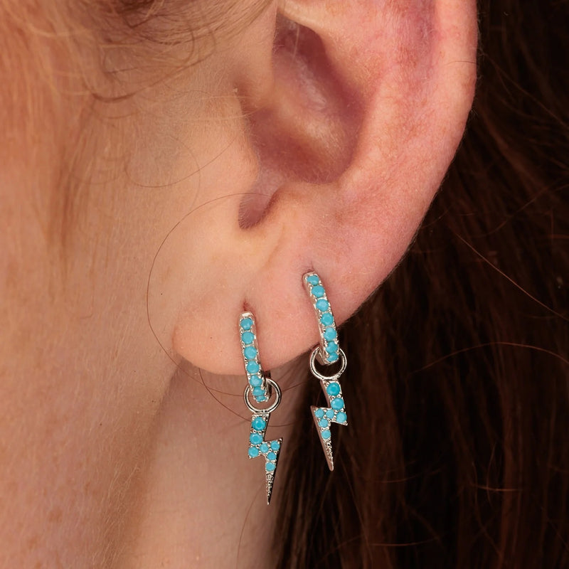 Turquoise Lightning Bolt Charm Hoop Earrings - Silver - SPS-133-29981