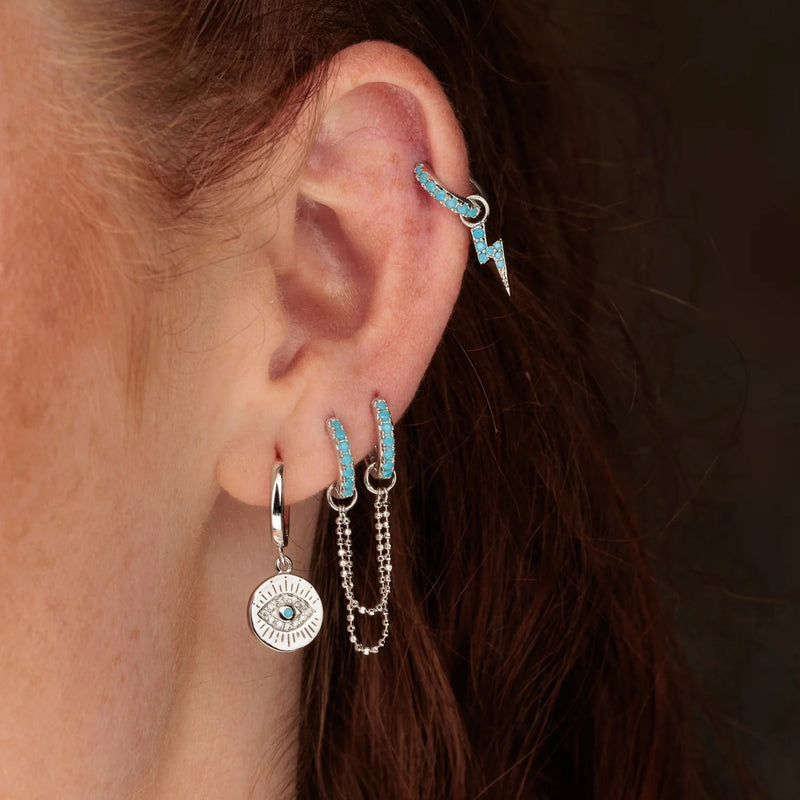 Turquoise Lightning Bolt Charm Hoop Earrings - Silver - SPS-133-29981