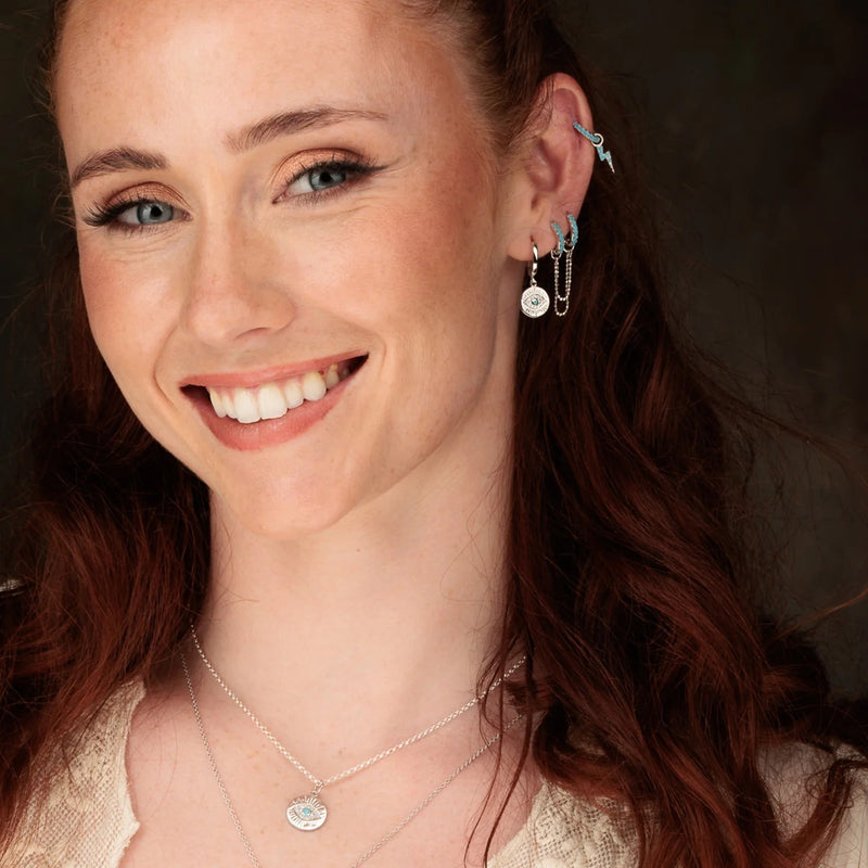 Turquoise Stone Double Chain Huggie Earring - Silver - SPS-25009-133