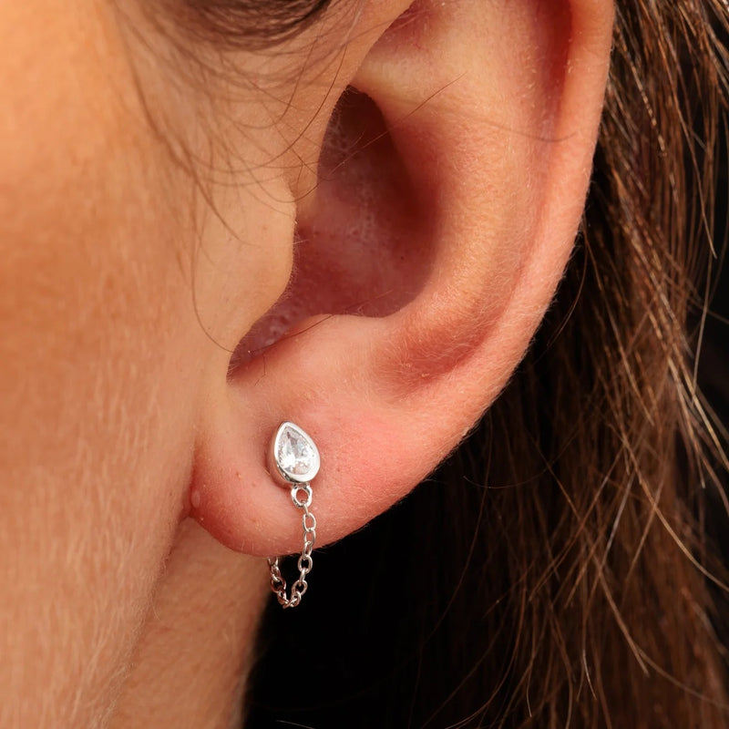 Chained Teardrop Stud Earrings - Silver - SPS-68a