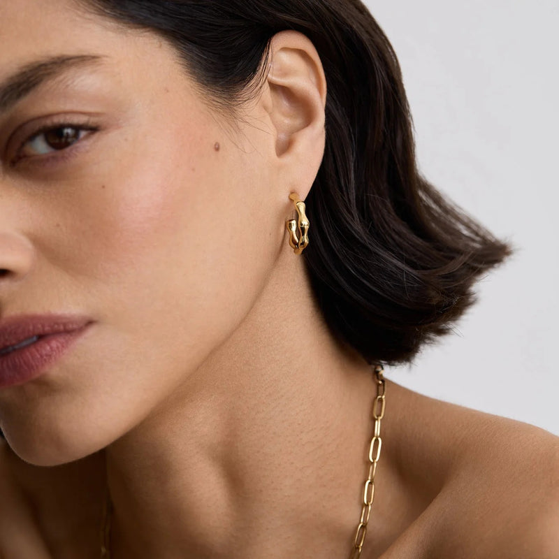 Bamboo Hoop Earrings - Gold - SKE-27