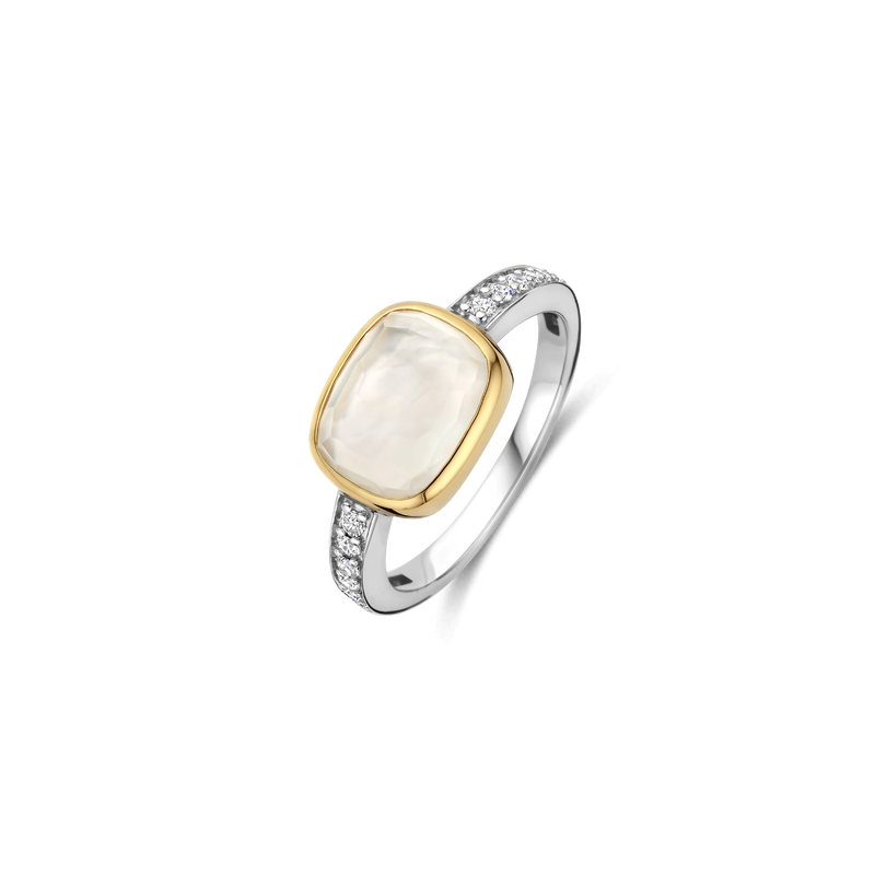 Zirconia Mother Of Pearl Cushion Ring - Gold/Silver - 12398MW