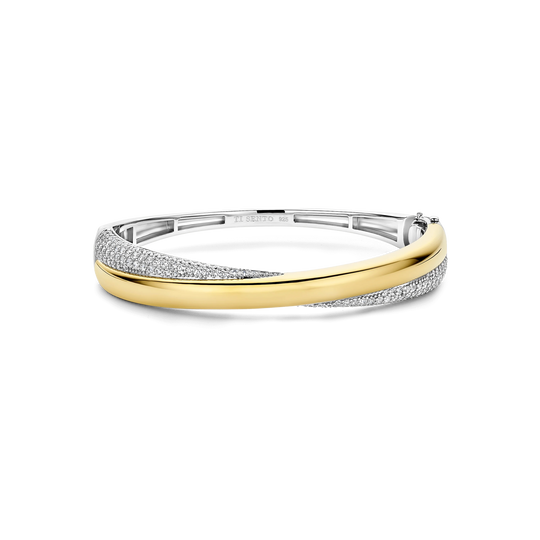 Bold Zirconia Crossover Bangle - Silver/Gold - 23090ZY