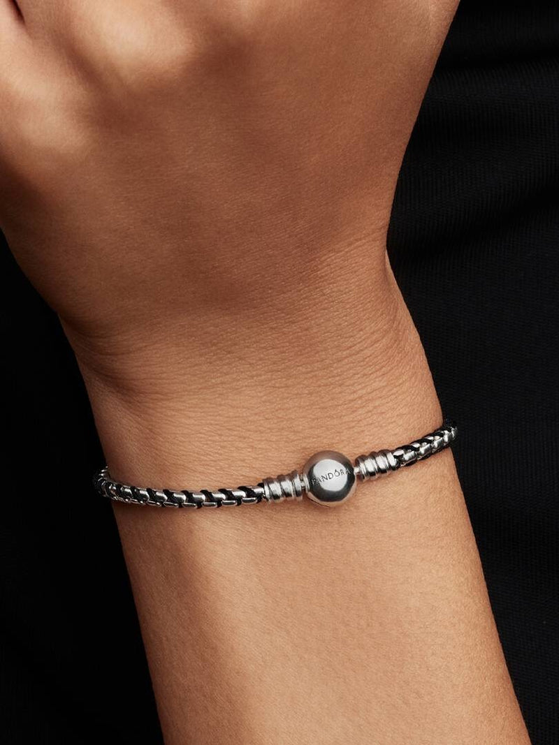 Black Cord Box Chain Bracelet - Sterling Silver