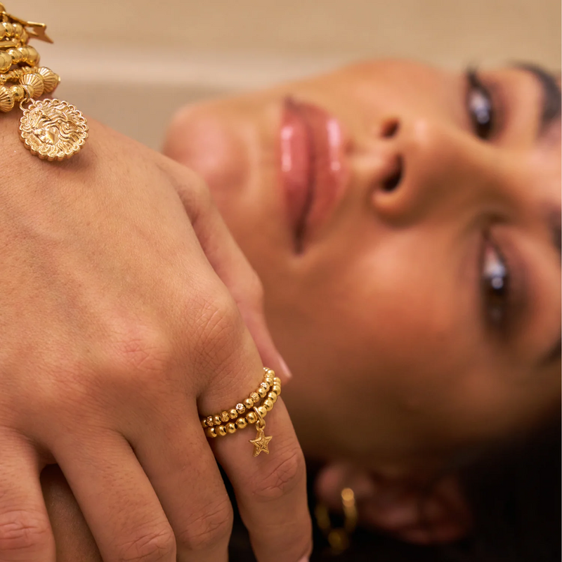 Mini Raised Star Double Ring, Medium - Gold - GR2D3031