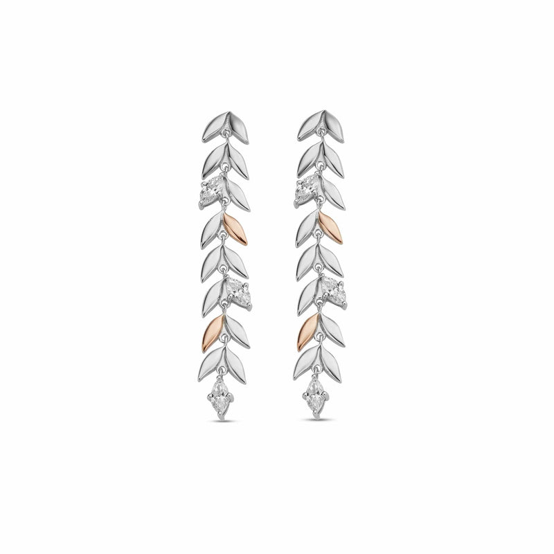 Royal Clogau Sterling Silver Leaf Drop Earrings with Swarovski Zirconia - Silver/Rose