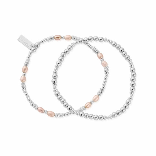Pink Pearl Set Of 2 Bracelets - Silver - SBSETPP