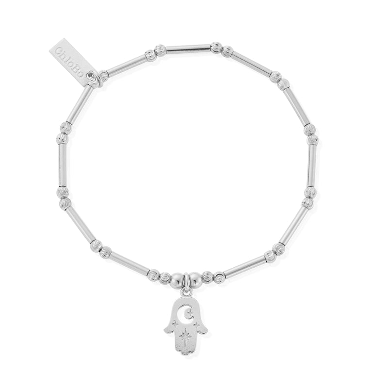 Dainty Moon Cut Sparkle Hamsa Bracelet - Silver - SBMCTN3374