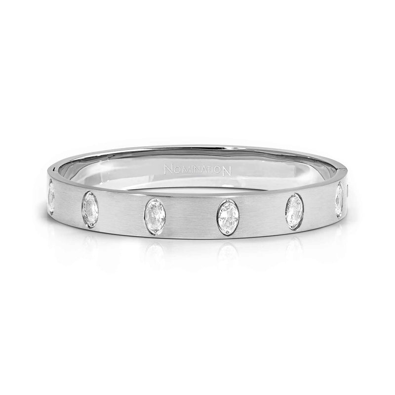 Wide Pretty Bangle With Oval CZ, Small - Silver - 029537/001