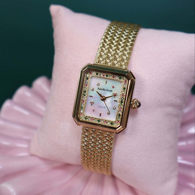 Celeste Stargazer Vintage Gold Mesh Ladies Rectangular Watch - AS22SGW02