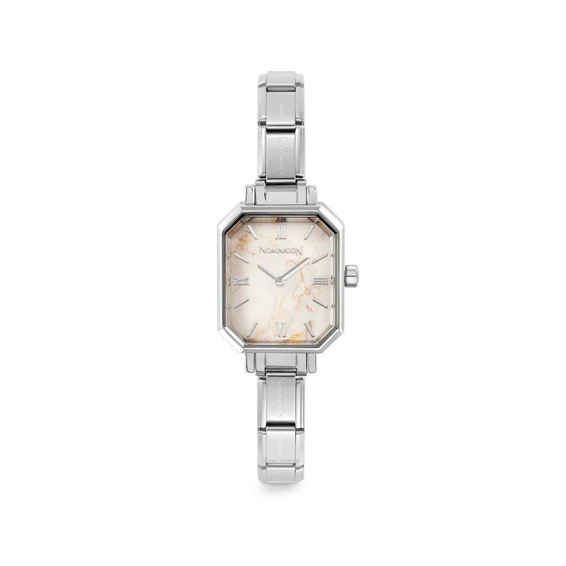 Paris Rectangular Ladies Watch, White Marble - Silver - 076037/040