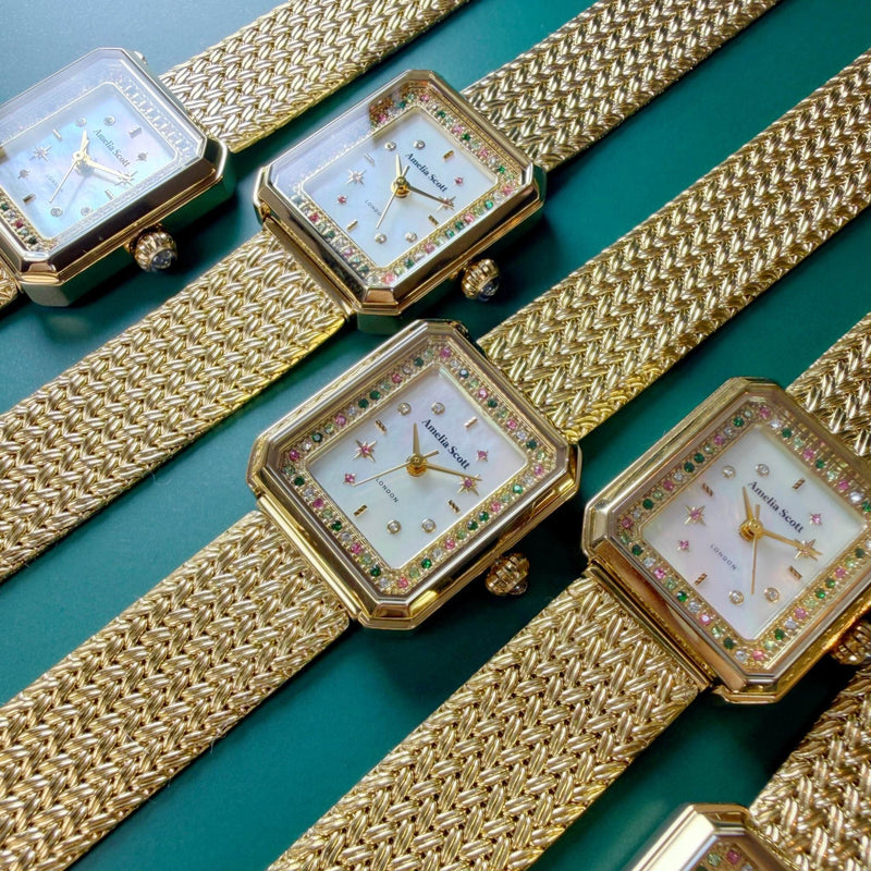 Celeste Stargazer Vintage Gold Mesh Ladies Rectangular Watch - AS22SGW02