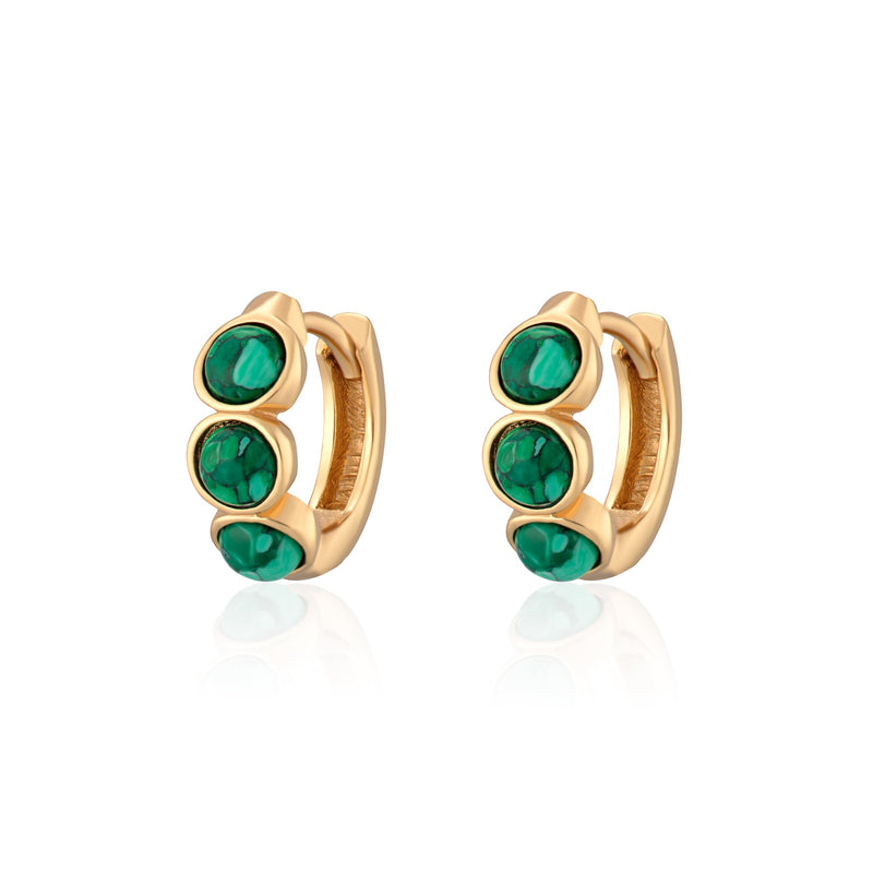Green Malachite Huggie Hoop Earrings - Gold - SPG-14