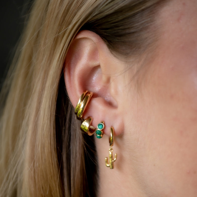Green Malachite Huggie Hoop Earrings - Gold - SPG-14