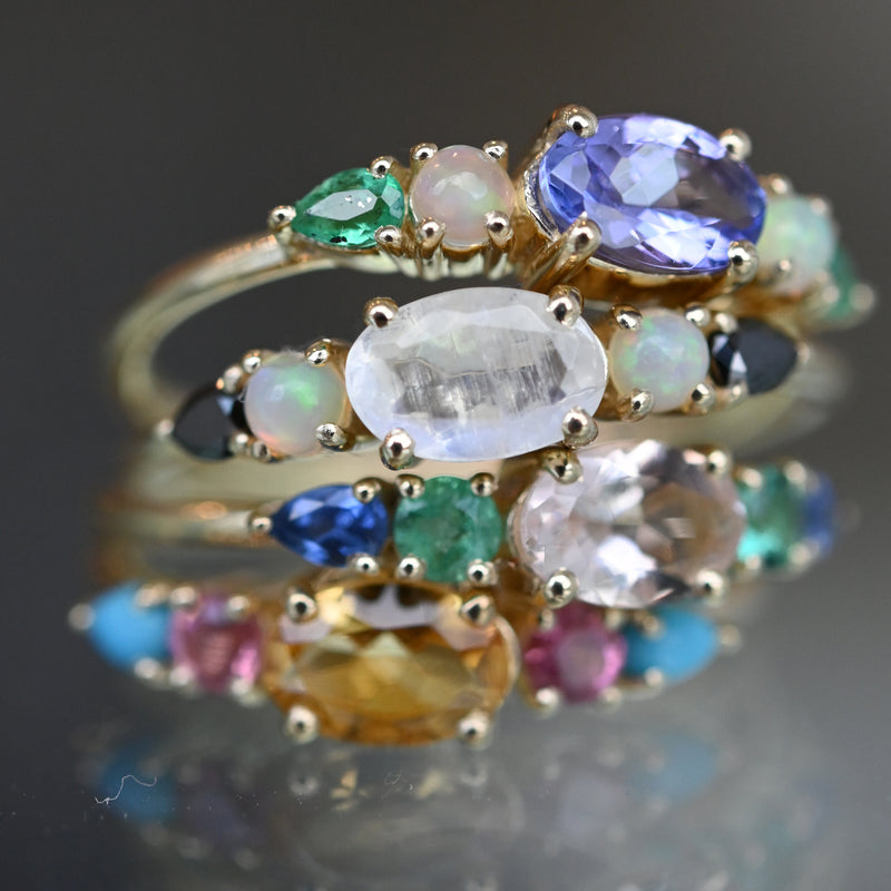Multi Gemstone Claw Ring, Size N - 9ct Yellow Gold - RG-MOR-EM-BS