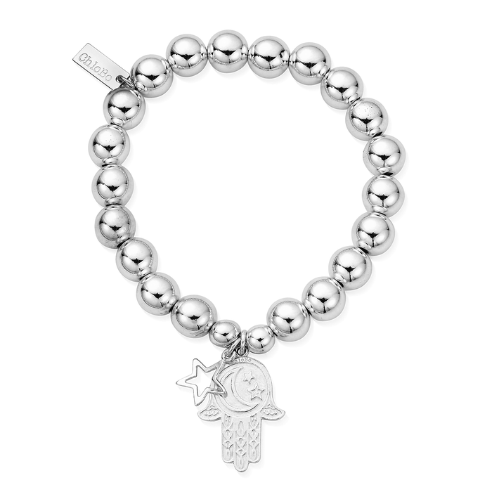 Medium Ball Moon & Star Hamsa Hand Bracelet - Silver - SBMB097655