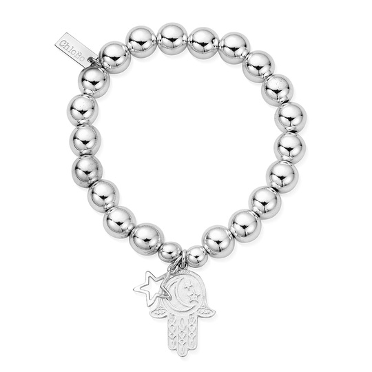 Medium Ball Moon & Star Hamsa Hand Bracelet - Silver - SBMB097655