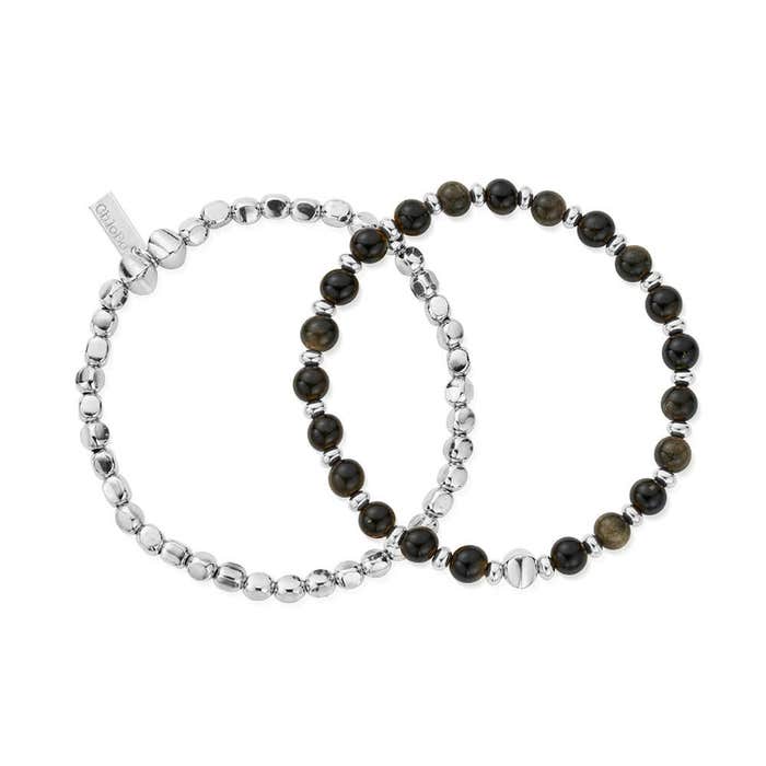 Men's Golden Obsidian Style Set of 2 Bracelets - Silver - SBSETGOM