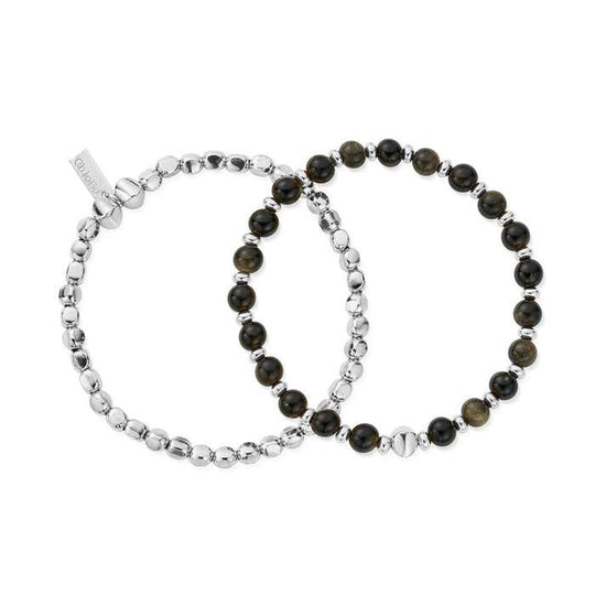 Men's Golden Obsidian Style Set of 2 Bracelets - Silver - SBSETGOM