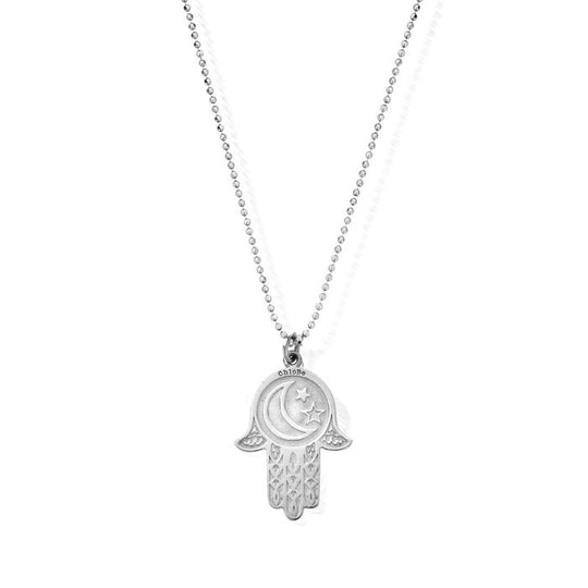 Moon and Star Hamsa Hand Pendant - Silver - SCDC1655