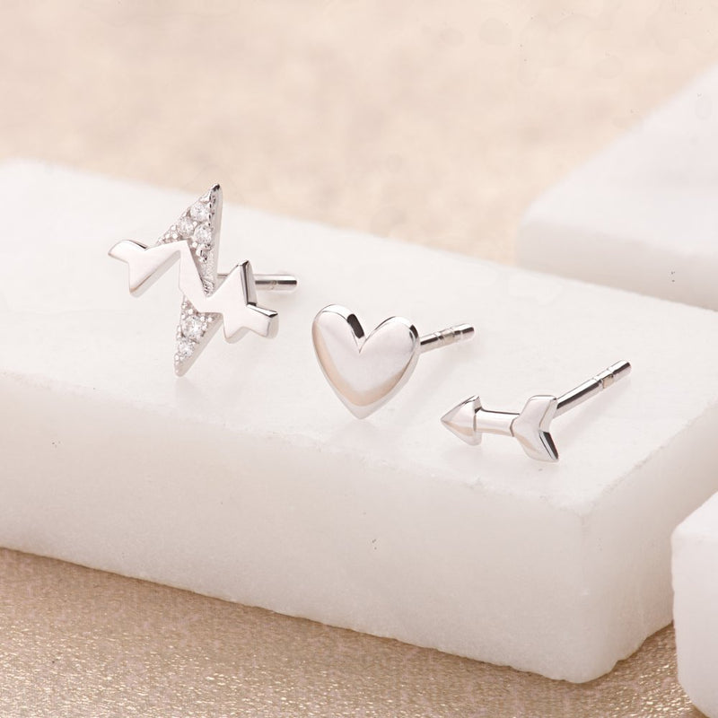 Heartbeat Set of 3 Stud Earrings - Silver - SPESSS20-21-29