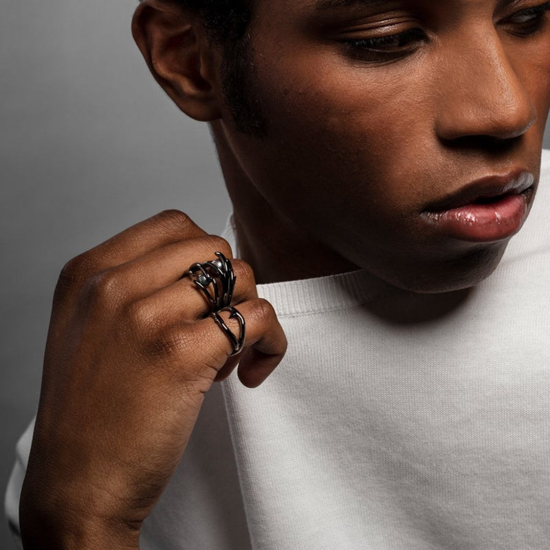 Hooked Black Pearl Black Rhodium Ring