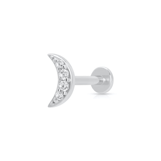 Sparkling Crescent Moon Flat Back Earring (Single Earring) - Silver - SPS-47a