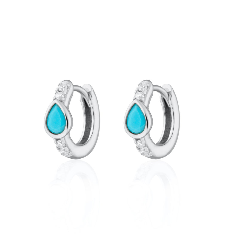 Turquoise Teardrop Huggie Hoop Earrings - Silver - SPS-382