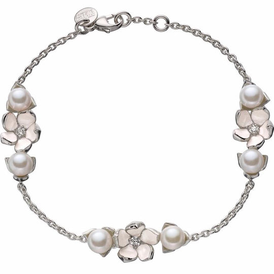 Cherry Blossom Pearl/Diamond Flower Bracelet - Silver - CB022.SSWHBOS