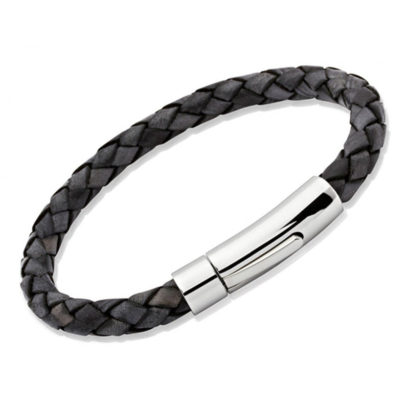 Antique Black Leather & Stainless Steel Bracelet