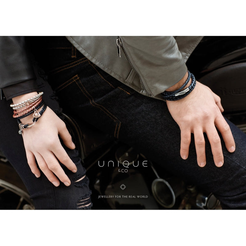 Antique Black Leather & Stainless Steel Bracelet