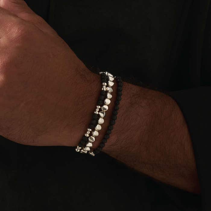 Men's Black Lava Saucer Bracelet - Silver - SBBLSM