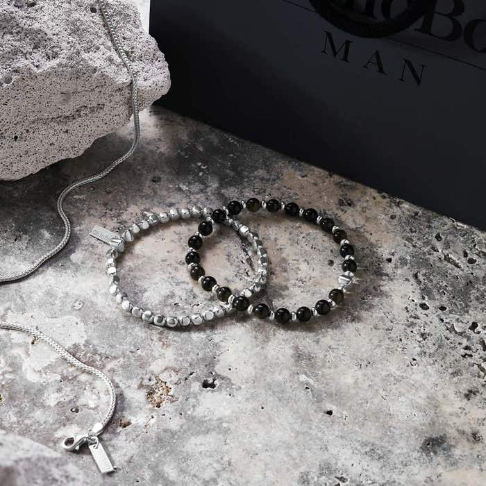 Men's Golden Obsidian Style Set of 2 Bracelets - Silver - SBSETGOM