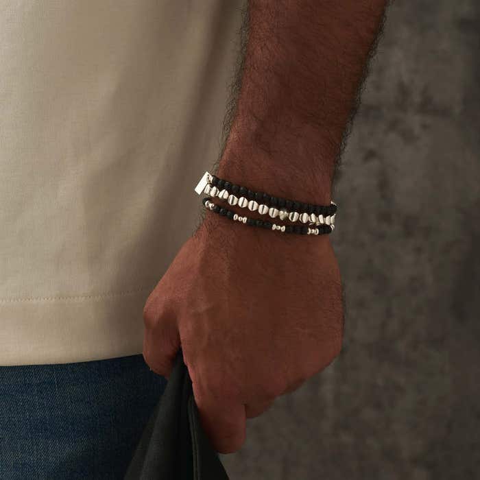 Men's Black Lava Saucer Bracelet - Silver - SBBLSM