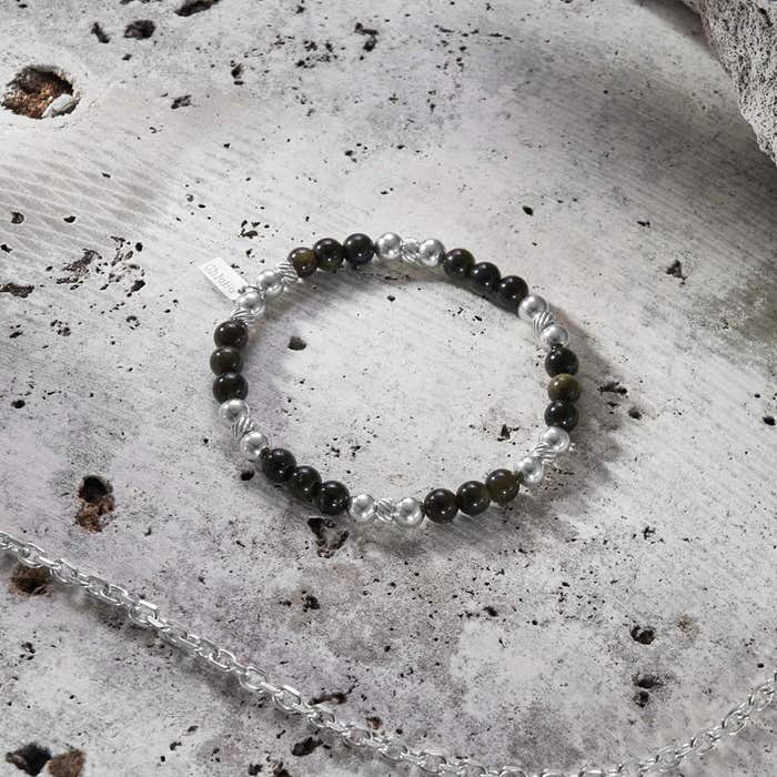 Men's Golden Obsidian Triple Ball Bracelet - Silver - SBGOTM