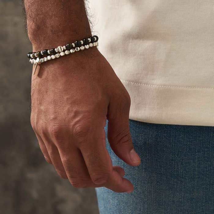 Men's Golden Obsidian Style Set of 2 Bracelets - Silver - SBSETGOM