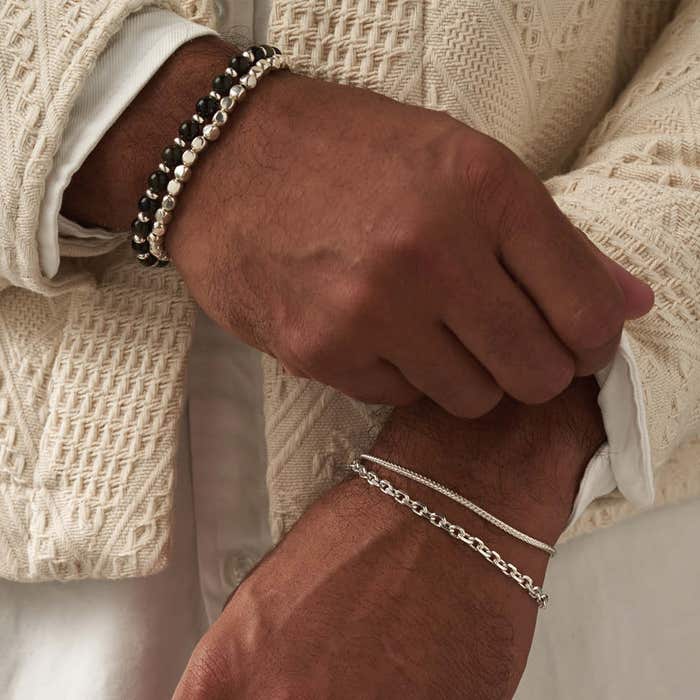 Men's Golden Obsidian Style Set of 2 Bracelets - Silver - SBSETGOM