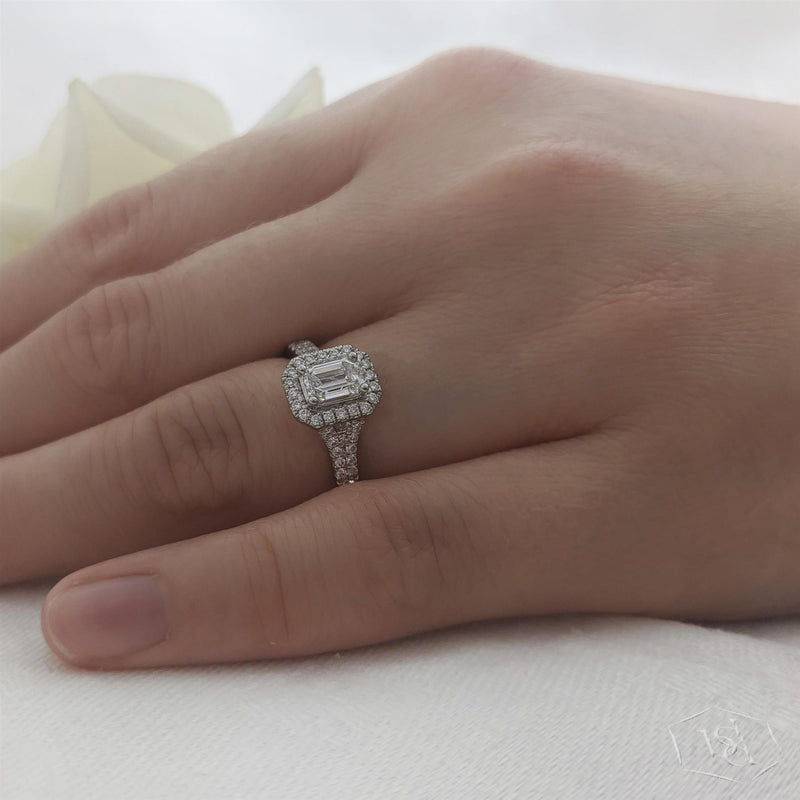 Platinum Emerald Cut Diamond Halo Engagement Ring - 0.78ct