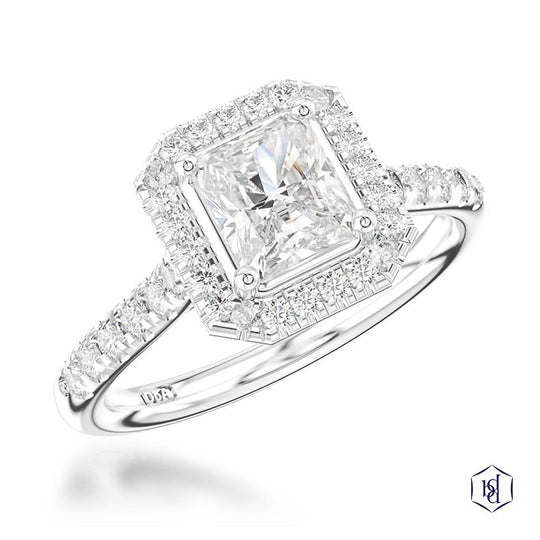 PLATINUM RADIANT CUT DIAMOND HALO ENGAGEMENT RING - 1.10CT