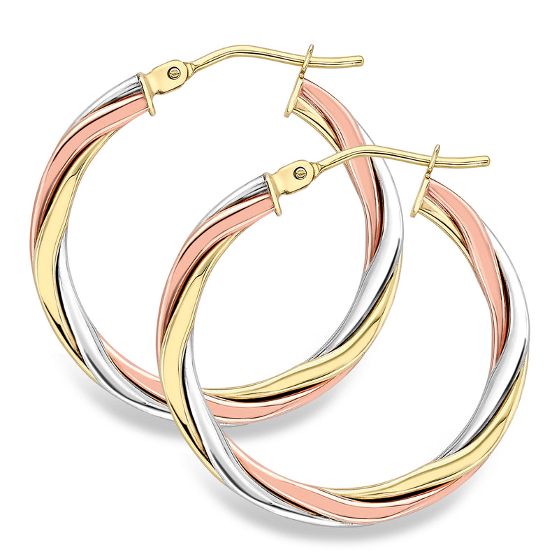 MIXED METAL HOOP EARRINGS - 9CT WHITE, YELLOW & ROSE GOLD