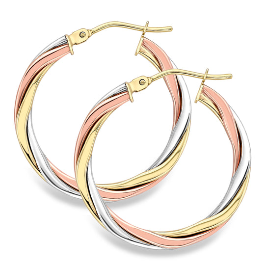 MIXED METAL HOOP EARRINGS - 9CT WHITE, YELLOW & ROSE GOLD