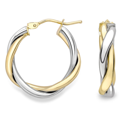 TWISTED MIXED METAL HOOP EARRINGS - 9CT WHITE & YELLOW GOLD