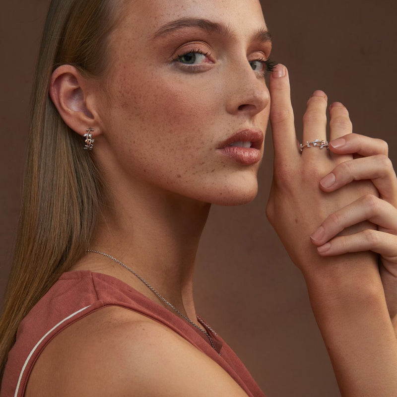 Vine Of Life White Topaz Hoop Earrings - Silver/Rose - 3STOL0235