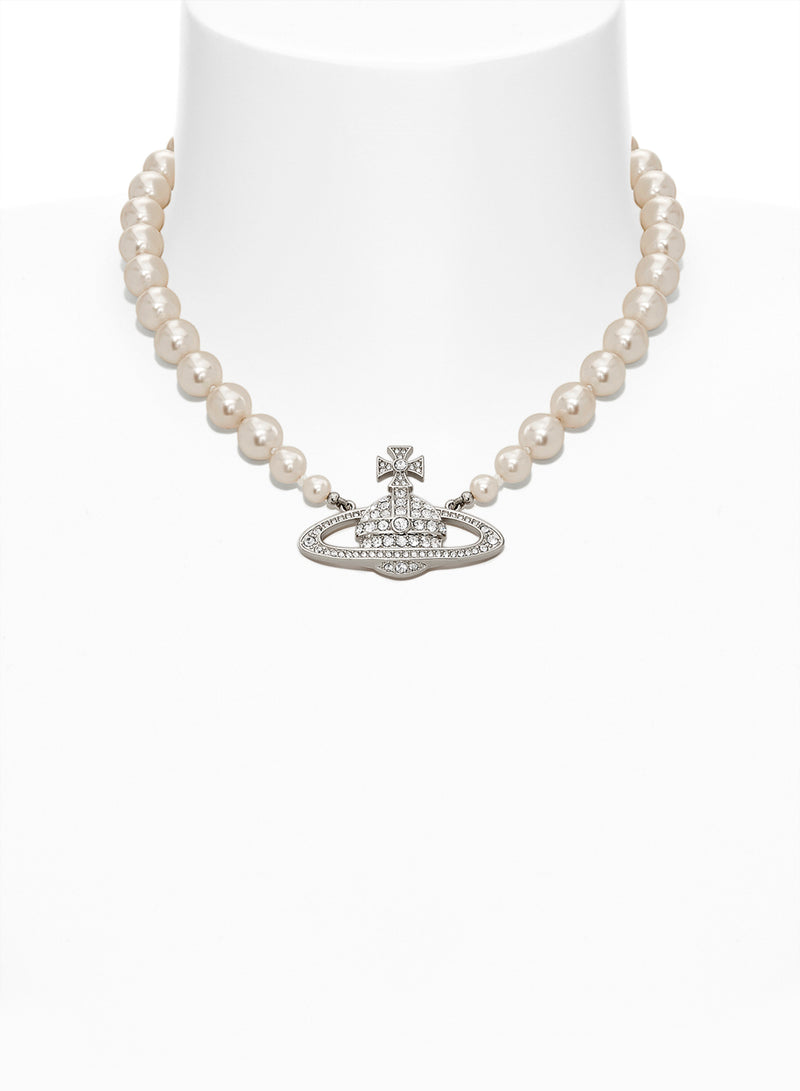 One Row Pearl Bas Relief Choker - Silver - 63010106-02P104-CN-W2