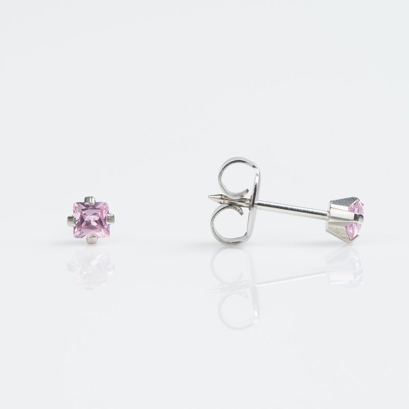 Pink Cubic Zirconia Stud Earrings, 3mm - Stainless Steel - 7512-0450