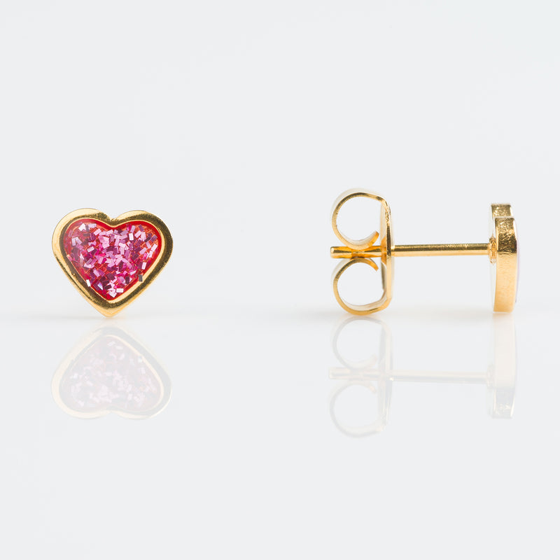Pink Glitter Heart Stud Earrings, 7mm - Gold - 7523-3565