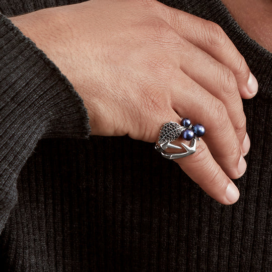 Blackthorn Pearl Leaf Ring - Silver - BT006.SSBKRZ