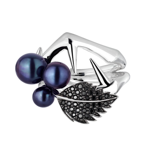 Blackthorn Pearl Leaf Ring - Silver - BT006.SSBKRZ