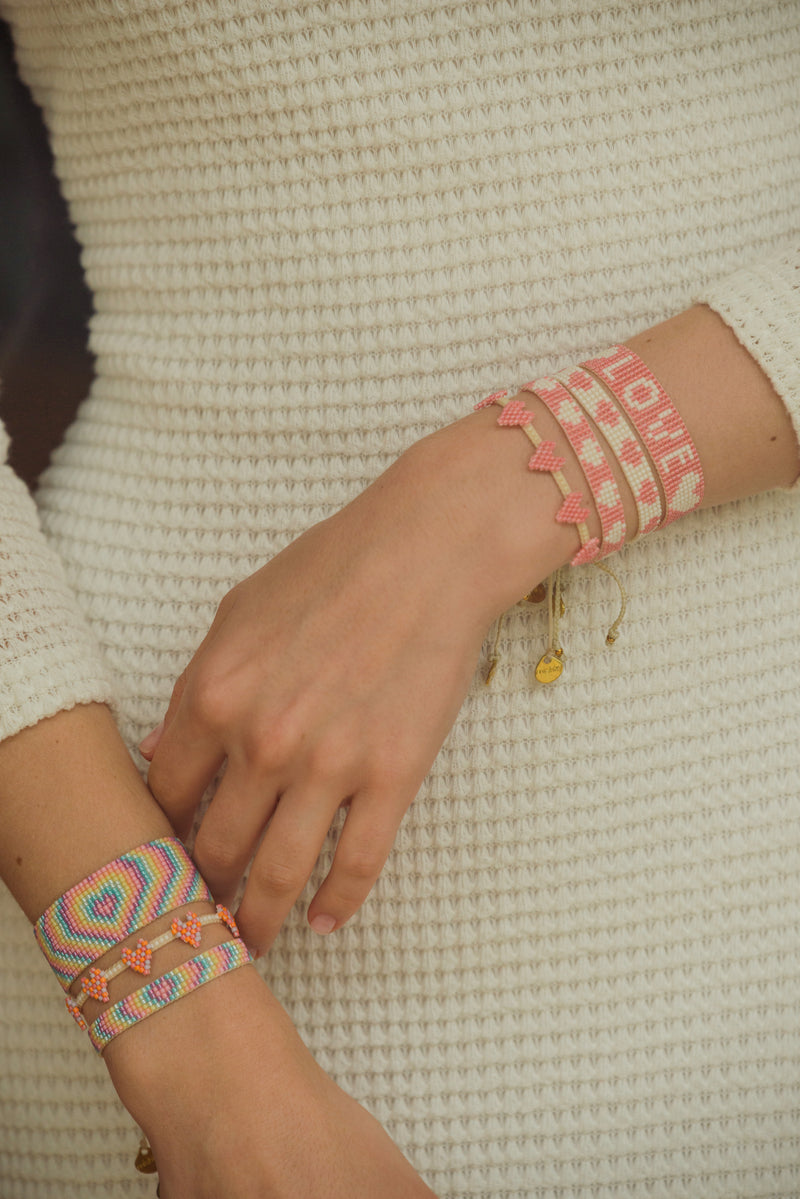 Multi Heart Row Bracelet - Pink/Orange - 2.0-B-BE-S-11409