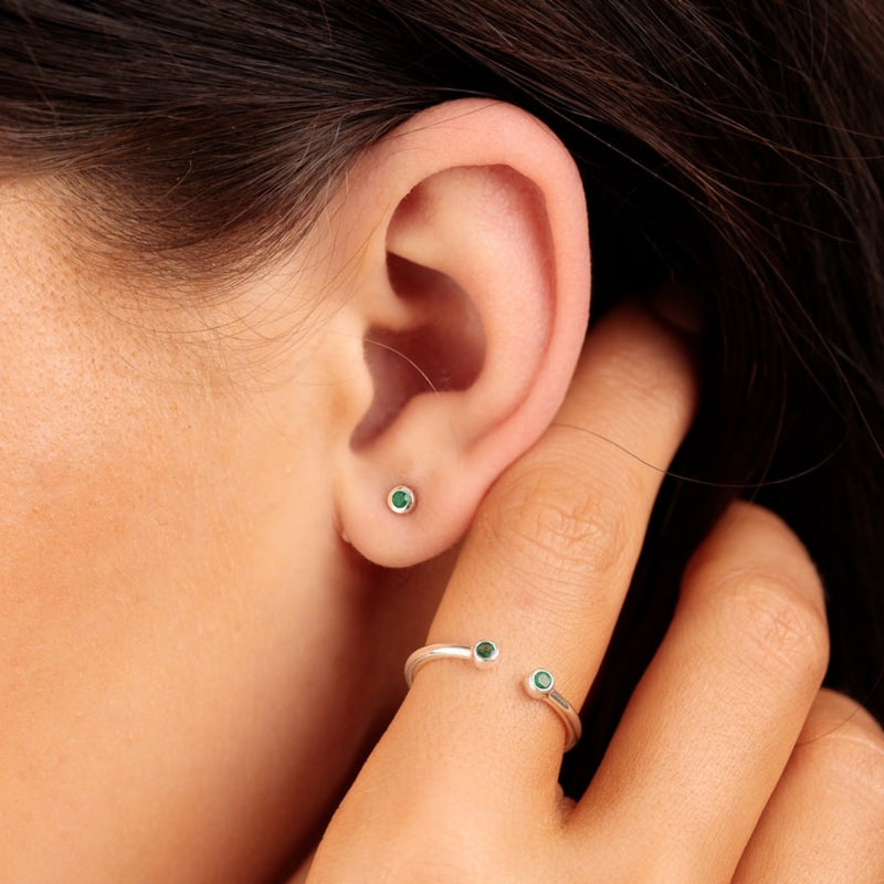 Teeny Tiny May Birthstone Stud Earrings - Silver/Emerald - SPSESBSEME